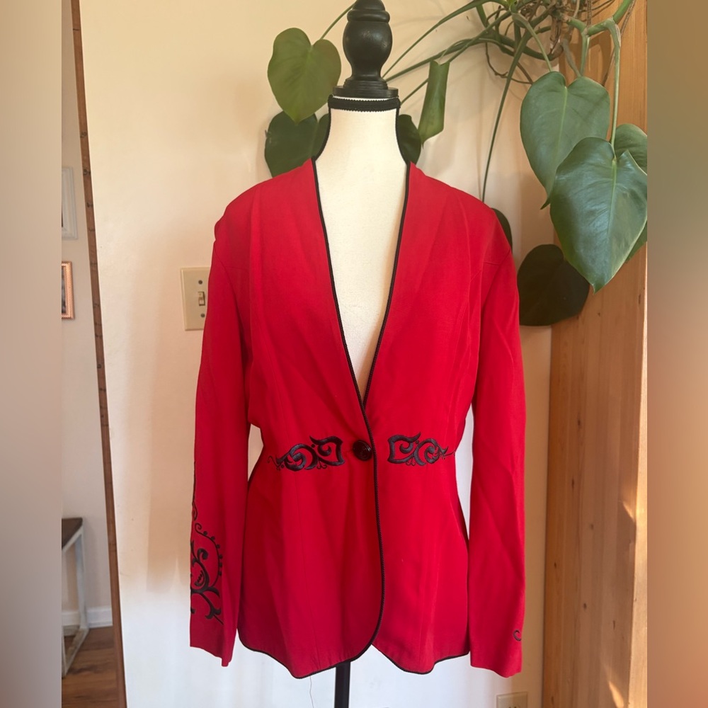 Vintage 1980s Red Blazer with Black Embroidery